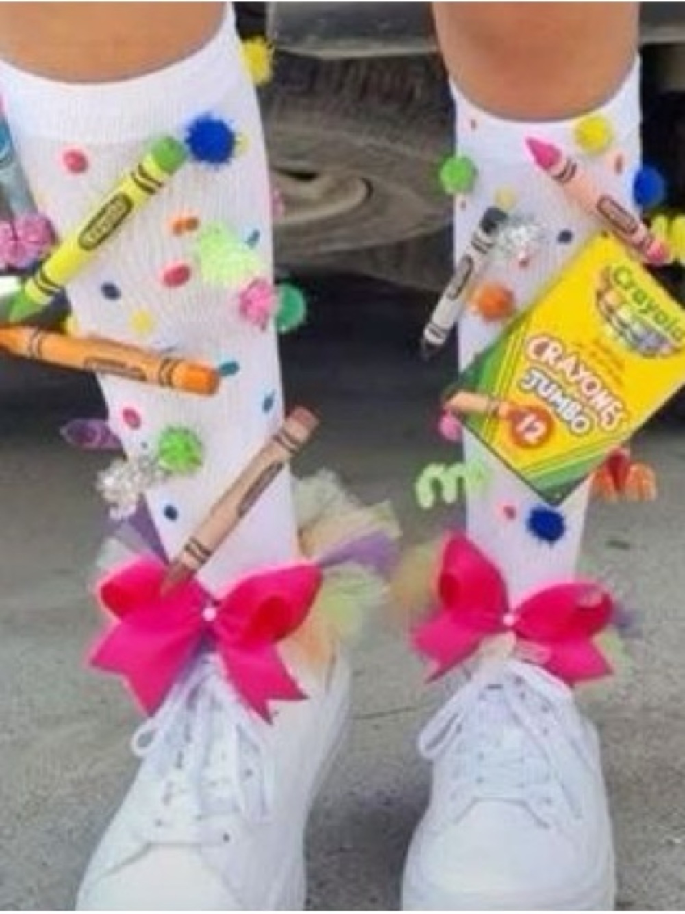 Novelty White Knee Socks with Multicolor Pom-Poms & Pink Socks